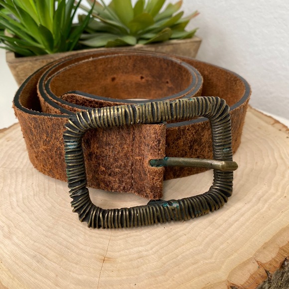 Accessories - Artisanal Distressed Leather Belt Made in Italy Brown Ribbed Brass Buckle Size L
